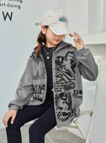 SHEIN Girls' Knitted Pattern Printed Loose Hooded Casual Sweatshirt