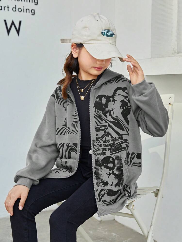 Girls' Knitted Pattern Printed Loose Hooded Casual Sweatshirt