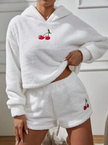 EURMUSE Women's Cherry Embroidered Hoodie Plush Top And Shorts Set - White - View 1