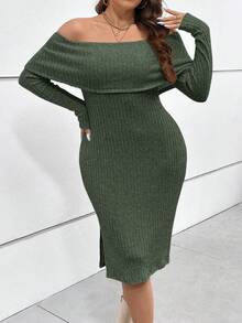 SHEIN Privé 大尺寸純色露肩長袖修身連身裙 - 墨綠色 - 查看 3