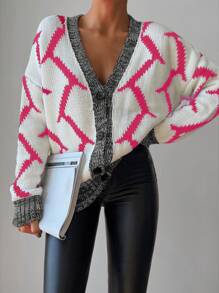 EURMUSE Graphic Contrast Binding Cardigan - Hot Pink - View 1