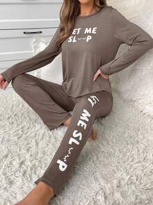字母&睫毛圖案長袖t卹+長褲睡衣套裝 - 摩卡棕 - 查看 5