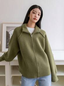 Dazy-Less Zippered Standing Collar Cardigan,Long Sleeve Tops Old Money Style,Fall Clothes Business Casual Woman Work Clothes Jacket - Army Green - View 6
