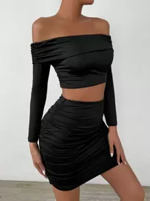 Allurite Conjunto De Dos Piezas De Falda Y Top Corto Con Hombros Descubiertos