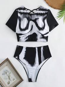 SHEIN Swim Vcay 女士扎染短袖两件套比基尼套装夏季海滩 - 黑與白 - 查看 3