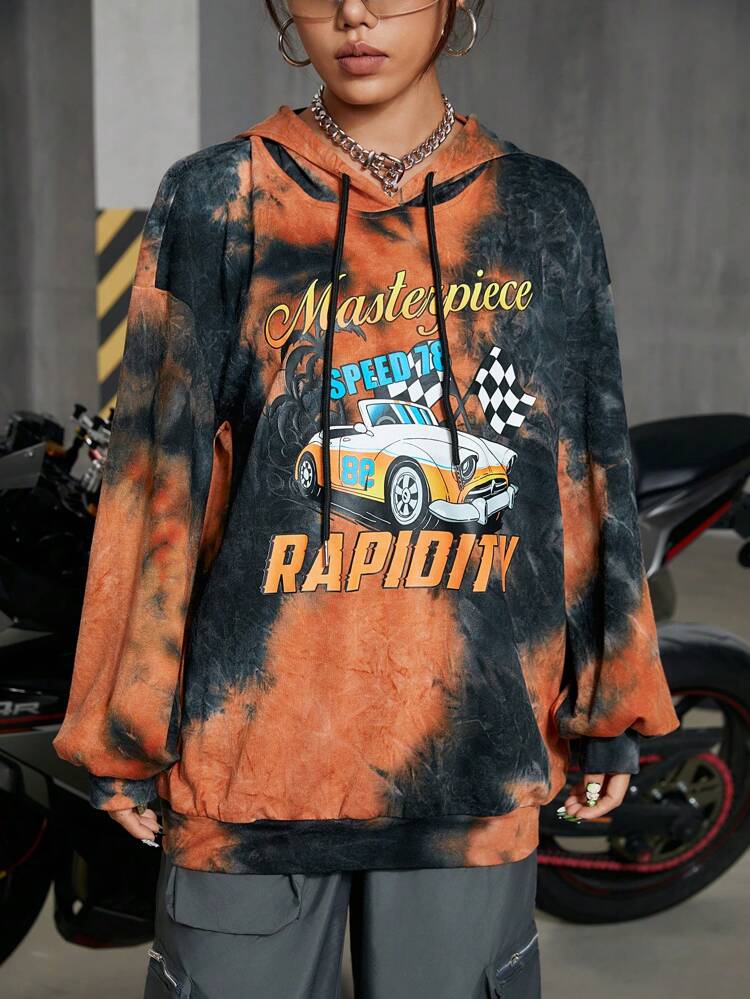 Women's Hooded Sweatshirt With Letter Printed Tie-dye Design