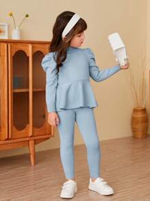 SHEIN Young Girl Elegant Stand Collar Gigot Sleeve Two Piece Set Sweater And Pants - Blue - View 4