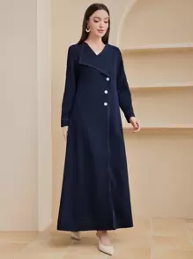 Al Najma 女式不对称领口连衣裙，带外露接缝，穆斯林时尚长袍，适合休闲/节日/聚会/旅行 - 藏蓝色 - 查看 3