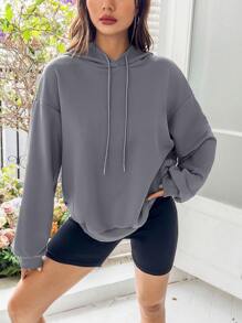 SHEIN EZwear 女士鬆身連帽衫,背面印有龍紋 - 霧霾藍 - 查看 6