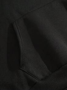 SHEIN EZwear 加大码印花袋鼠口袋保暖连帽衫 - 黑色 - 查看 4