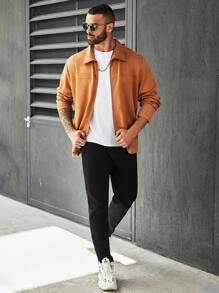 Manfinity Homme Men's Plus Size Zip-Up Front Collar Turn-Down Jacket - Brown - View 6
