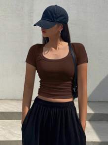 DAZY Solid Color Pleated Tight Short Sleeve T-Shirt,Crop Tops Women Preppy Tops - Brown - View 4