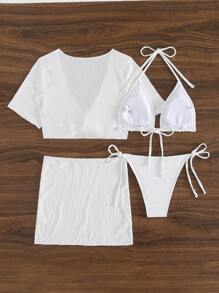 SHEIN Swim 纯色三角杯结饰侧面比基尼套装带罩衫婚礼夏季 - 白色 - 查看 5