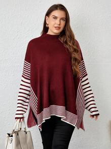 EMERY ROSE Plus Size Striped Color Block Sweater - Red - View 4