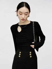 Áo len dài tay lót nhiệt ấm áp thoải mái khoét rỗng xếp ly ôm vừa vặn thu đông mới về - màu đen - Xem 3