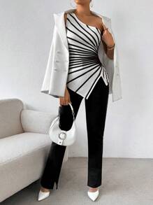 SHEIN Privé 條紋印花一字肩上衣 - 黑與白 - 查看 6