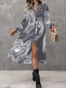 SHEIN Clasi 隨機印刷長袖連衣裙 - 灰色 - 查看 5