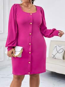 SHEIN Privé Kích thước lớn Của phụ nữ Cổ vuông Tay áo lồng đèn Đầm - Hồng - Xem 3
