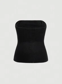 SHEIN MOD Top Jeans Plus Size Com Zíper Lateral E Gola Halter - Preto - Visão 2