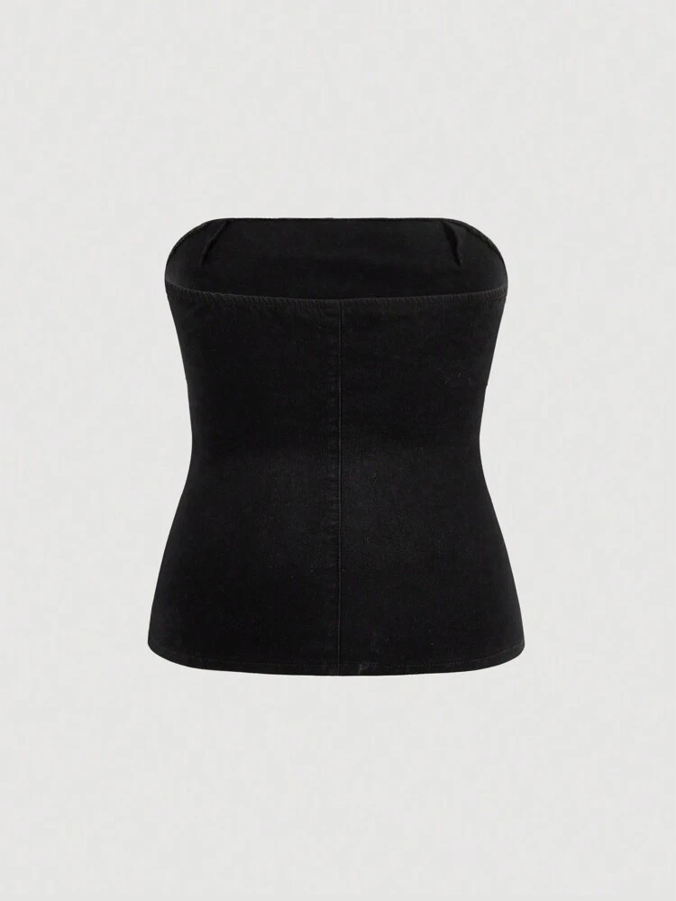 Plus Size Zipper Side Halter Neck Denim Top