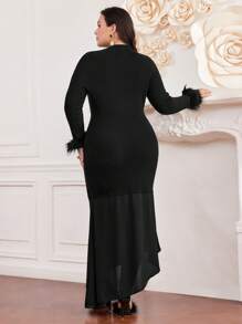 Modelyn Plus Size Knitted Sweater Dress With Button Decoration, Fuzzy Cuffs And Asymmetric Hemline