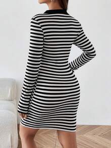 SHEIN EZwear 女士條紋針織緊身連身裙 - 黑與白 - 查看 4