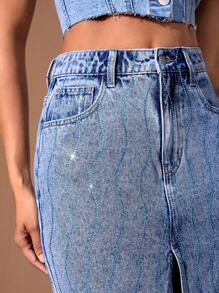 SHEIN BAE Women'S Denim Skirt With Split And Rhinestone Deco - Light Wash - View 4