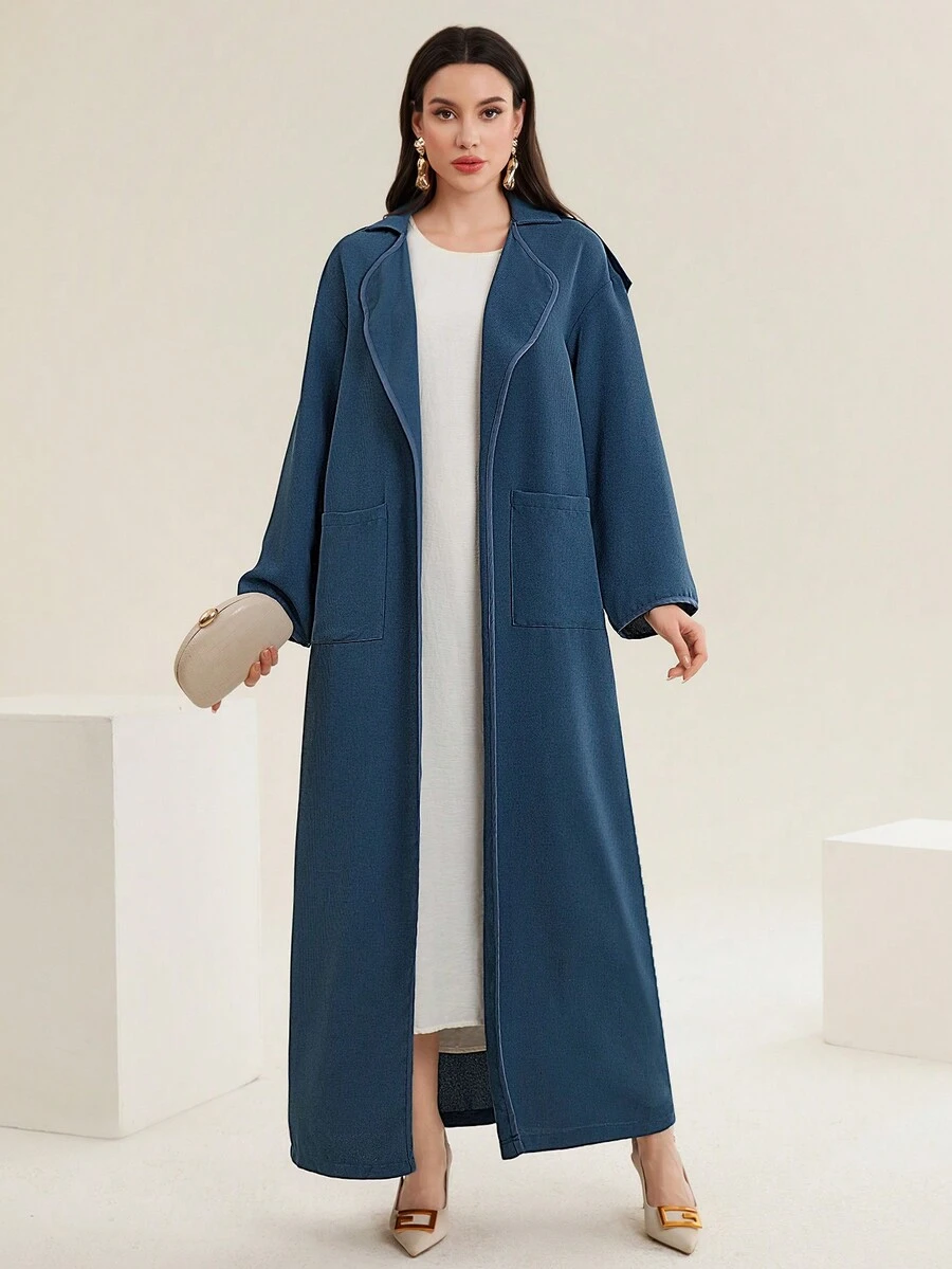 Al Najma Solid Color Front Open Arab Robe With Pockets Abayas - Blue - View 1