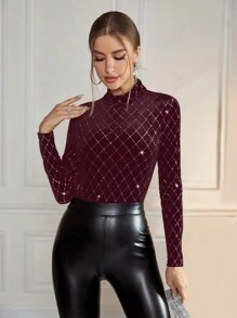 SHEIN Privé 幾何圖案高領絲絨連身衣 - 酒紅色 - 查看 3