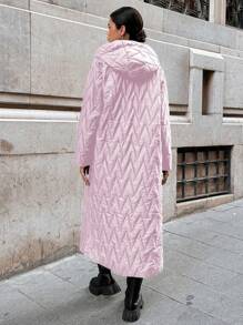 EURMUSE Dual Pocket Drop Shoulder Hooded Quilted Coat - Pink - View 2