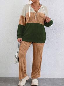 Calvaya Half-zip Drawstring Hoodie And Knitted Trousers Two-piece Set - Multicolor - View 4
