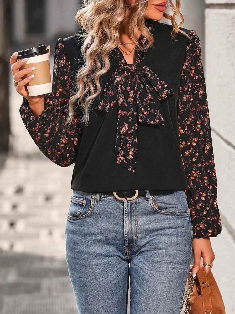 Ladies' Ditsy Floral Patchwork Collar Tie Blouse Fall Cloth For Women