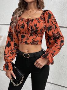 SHEIN Clasi 花卉印花短上衣,配有飄逸袖子 - 棕色 - 查看 5