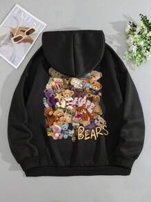 SHEIN EZwear Cartoon Bear Print Hooded Sweatshirt For Casual Wear - Black - View 1