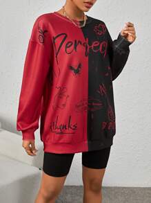 SHEIN EZwear Graffiti Print Color Block Drop Shoulder Sweatshirt - Burgundy - View 5