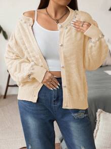 Flirla Plus Size Women's Beaded Decor Hollow Out Cardigan With A Graceful Elegant - Apricot - View 4