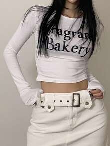 Women's Short Cropped T-Shirt With Letter Print Long Sleeve Women - White - View 3