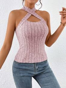 SHEIN Essnce 女士素色肋編鑲邊背心吊帶上衣 - 淺粉色 - 查看 6