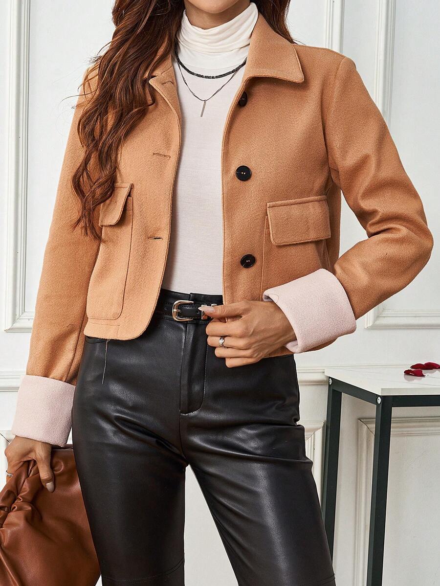 SHEIN Clasi Casaco De Lã Feminino De Manga Longa Com Gola De Lapela Em Cor Contrastante - Caqui - Visão 1