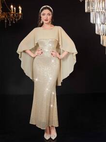 Modelyn Lưới Nối Nàng tiên cá Hem Kim sa Đầm Với Cape Thiết kế , Dạ hội Retro Đầm - Vàng - Xem 4