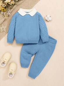 SHEIN 女嬰休閒長袖有領連身毛衣搭配配套針織褲 - 藍色 - 查看 1