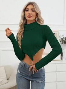 SHEIN Essnce Jersey De Corte Asimétrico De Cuello Alto De Color Sólido Con Corto Longitud - Verde Oscuro - Ver 5