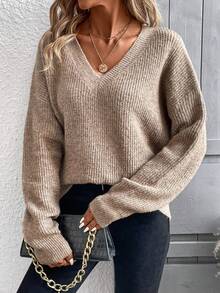 SHEIN LUNE 女款純色下垂肩毛衣 - 卡其色 - 查看 5