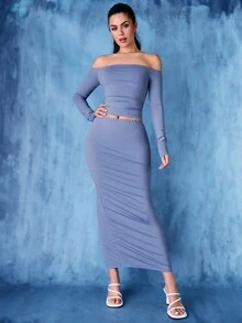 SHEIN BAE 純色高腰半身裙 - 藍色 - 查看 4