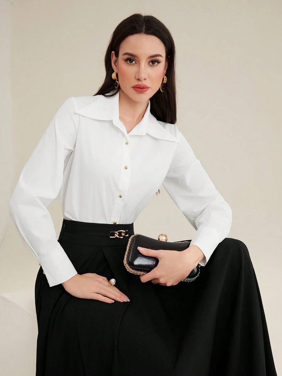 Mulvari Ladies' Solid Color Button Down Shirt | SHEIN USA