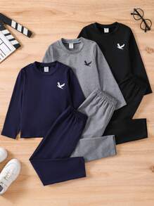 SHEIN 男孩3套休閒卡通鴿印花連帽衫和長褲，春秋冬季舒適套裝 - 彩色 - 查看 1