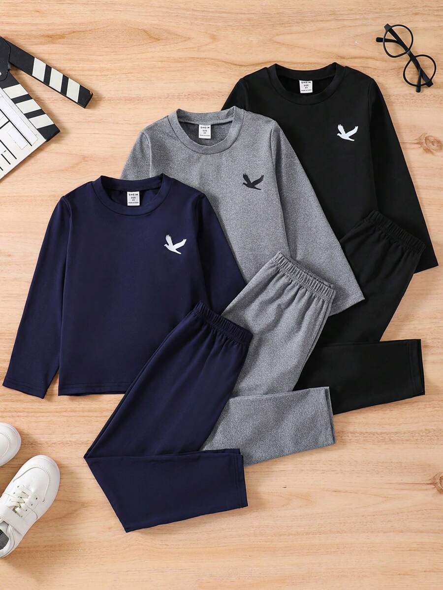 SHEIN 男孩3套休閒卡通鴿印花連帽衫和長褲，春秋冬季舒適套裝 - 彩色 - 查看 1