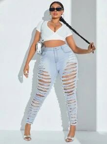 SHEIN SXY Kích thước lớn Gầy Quần jean rách - Rửa nhẹ - Xem 5