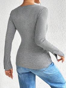 SHEIN Essnce Half Button Ribbed Knit Tee - Light Grey - View 2