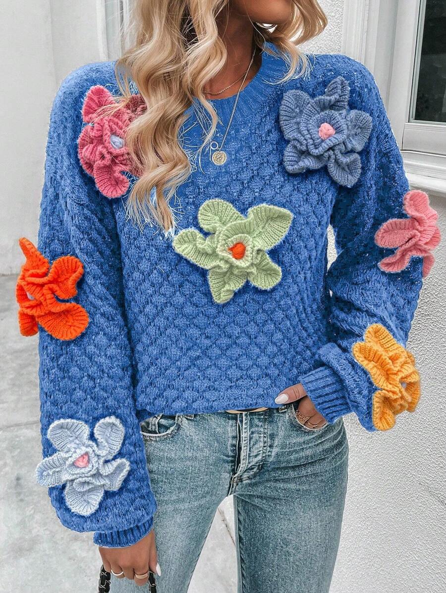 SHEIN LUNE Sweater With 3d Flower Decoration And Drop Shoulder Design - Blue - View 1